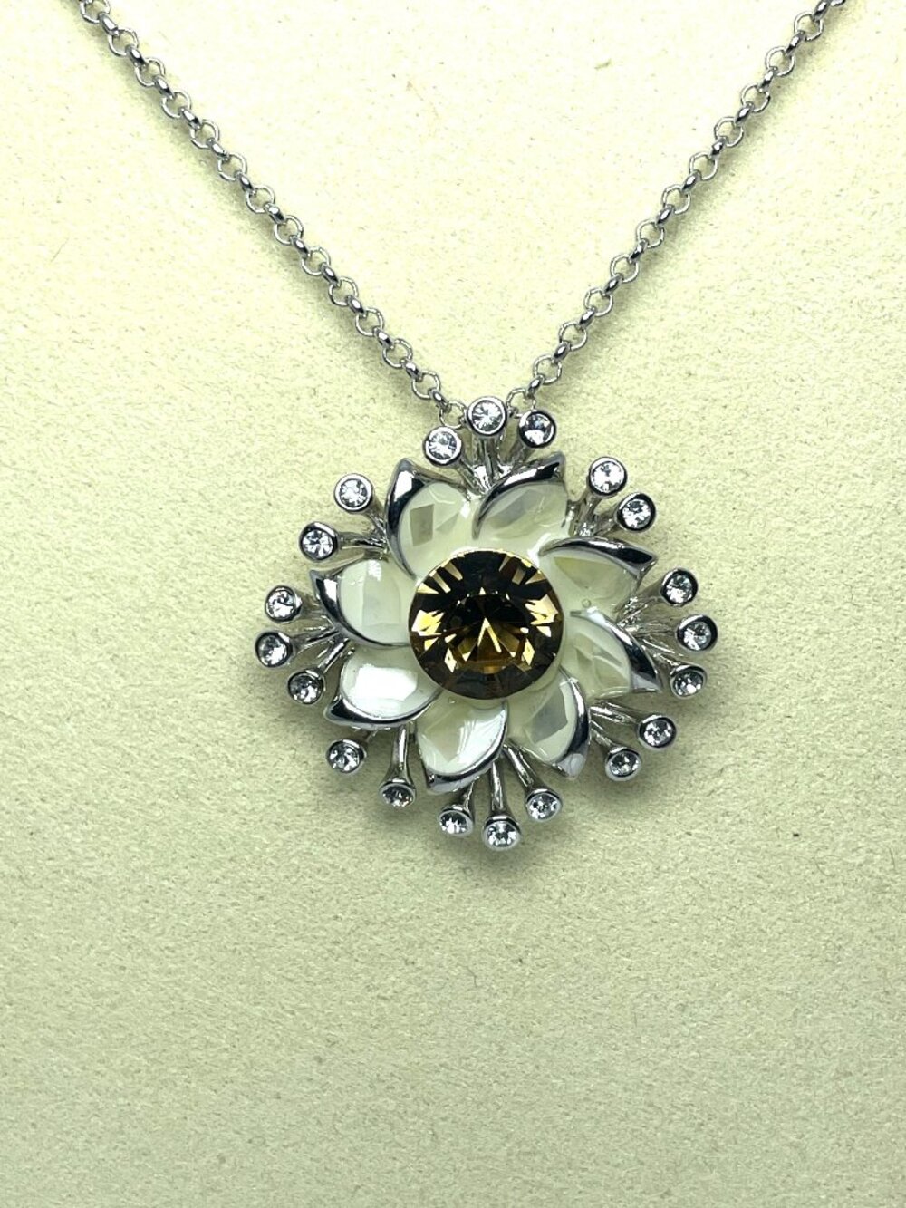 Sunflower Centerpiece Statement Pendant Necklace, Topaz Austrian Crystals, 25.5" - Picture 3 of 3
